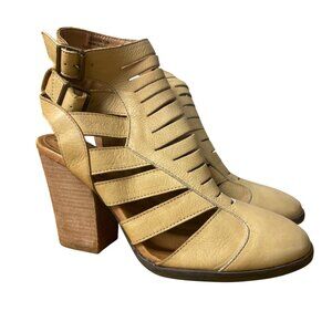 Free People Hayes Leather Cutout Ankle Booties Tan Sz 38 (EU) Boho Strappy